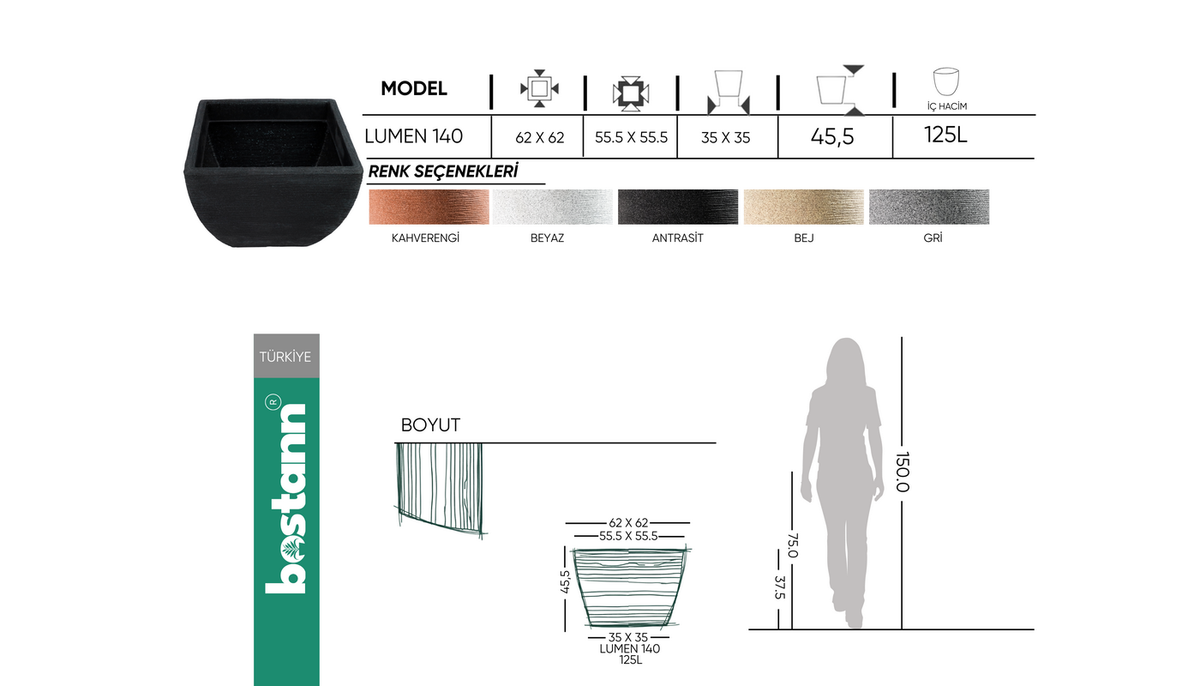 LUMEN 140 Saksı 125 Litre Bostann
